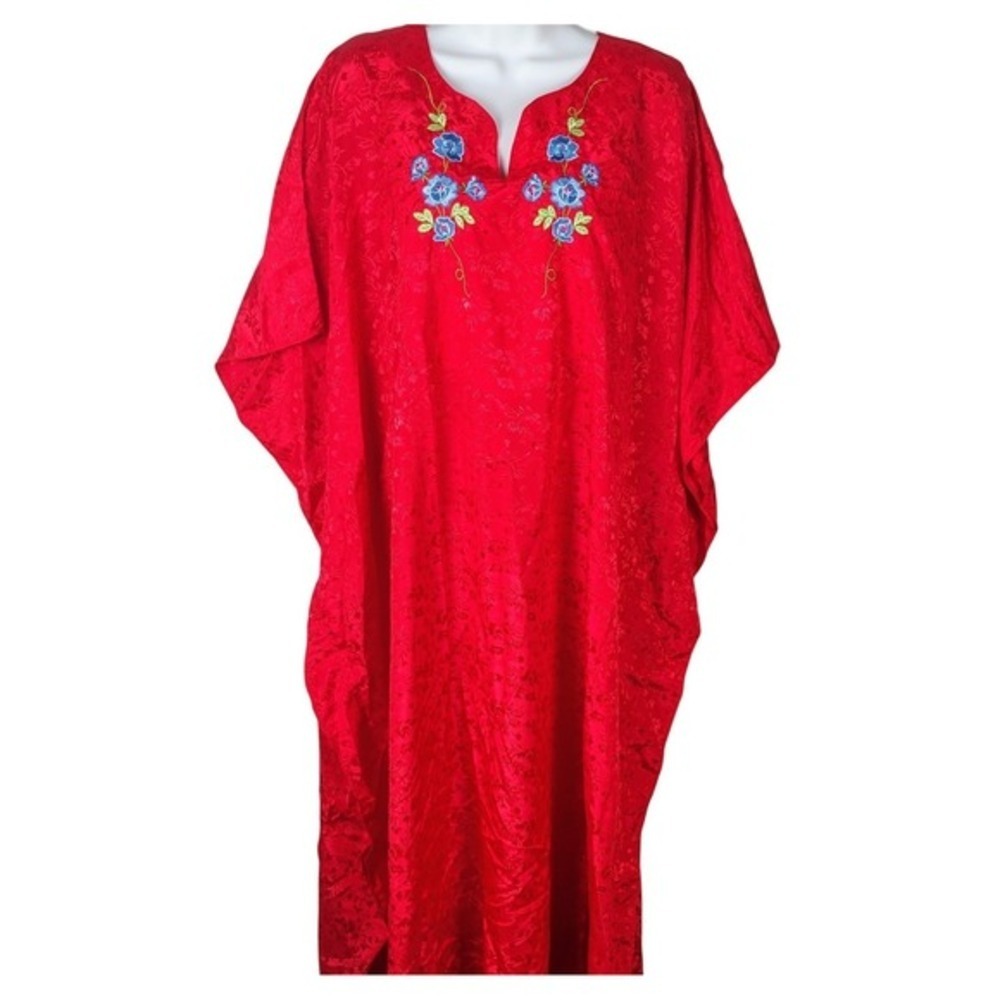 Simply Basic Red Floral Damask Kaftan Gown Blue Embroidery vintage Loungewear